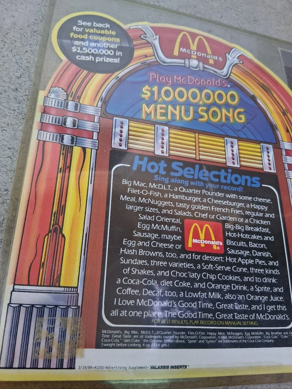 McDonald's Yellow & Red Jukebox-Style $1,000,000 Menu Song Record
